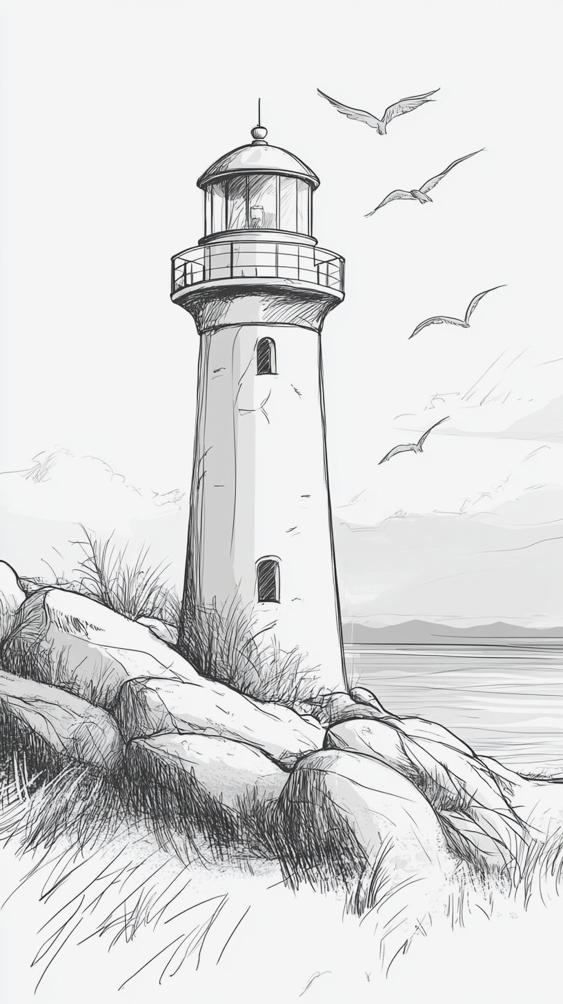 Desenho a Lápis: farol à beira do mar com gaivotas
