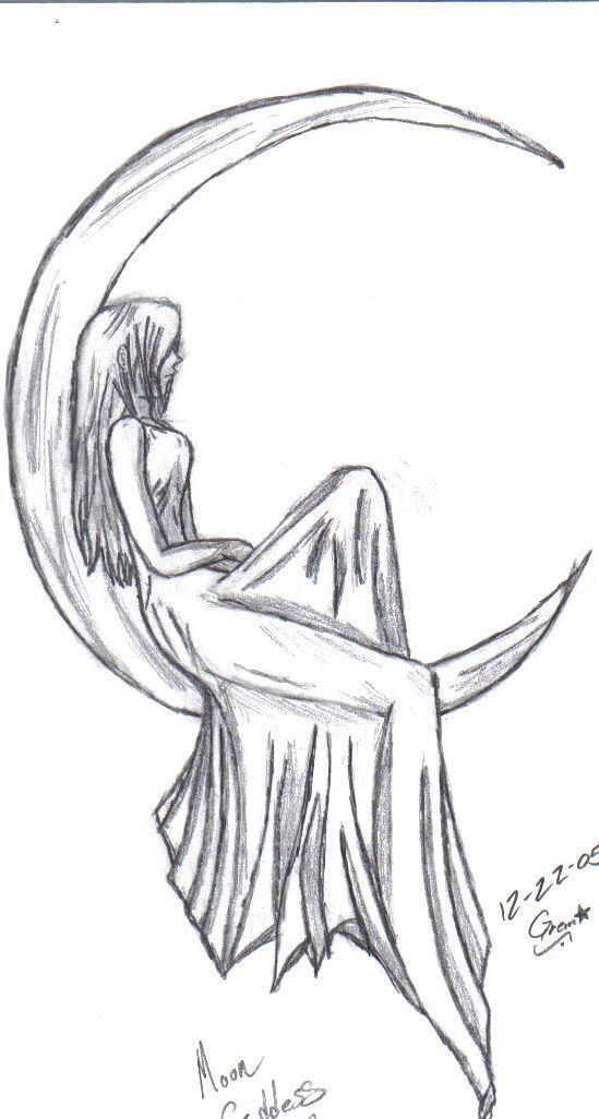 Desenho a Lápis: deusa sentada em lua crescente