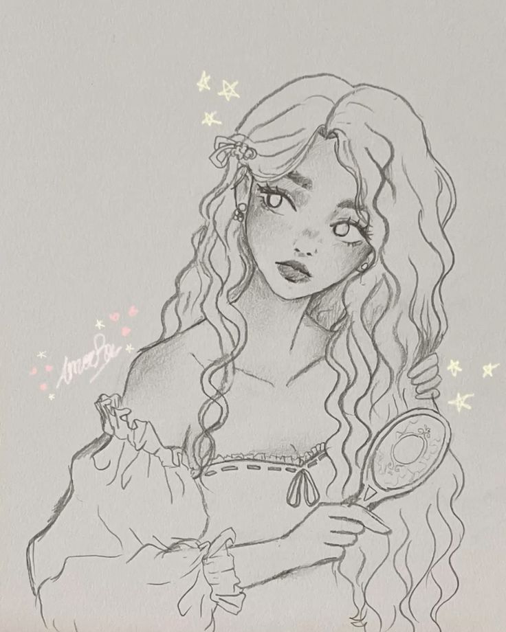 Desenho a Lápis: personagem feminina olhando espelho