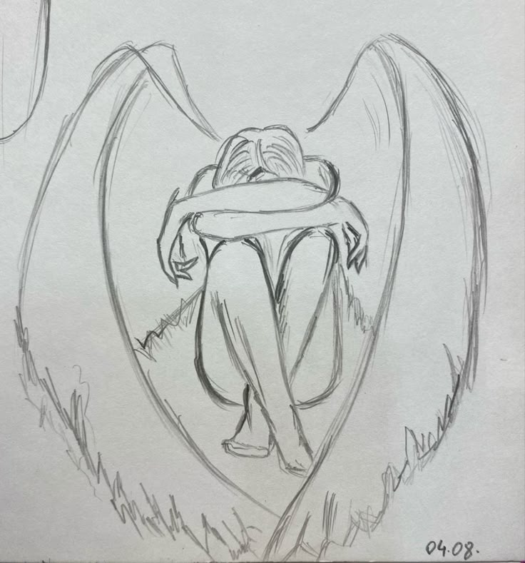Desenho a Lápis: anjo sentado com asas para desenhar