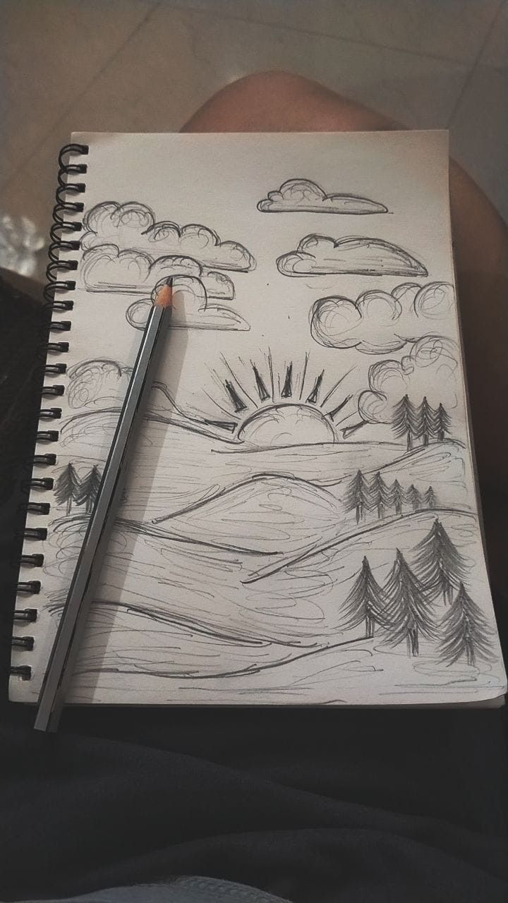 Desenho a Lápis: paisagem com sol montanhas e nuvens