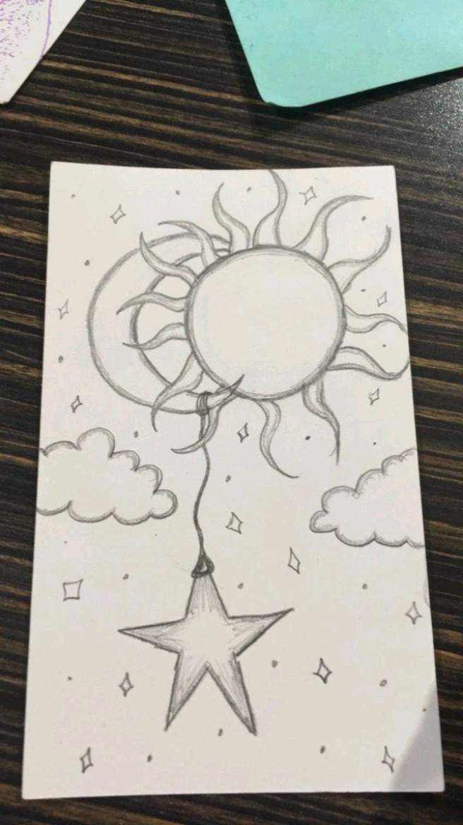 Desenho a Lápis: Sol e Lua com Estrela Fácil de Desenhar