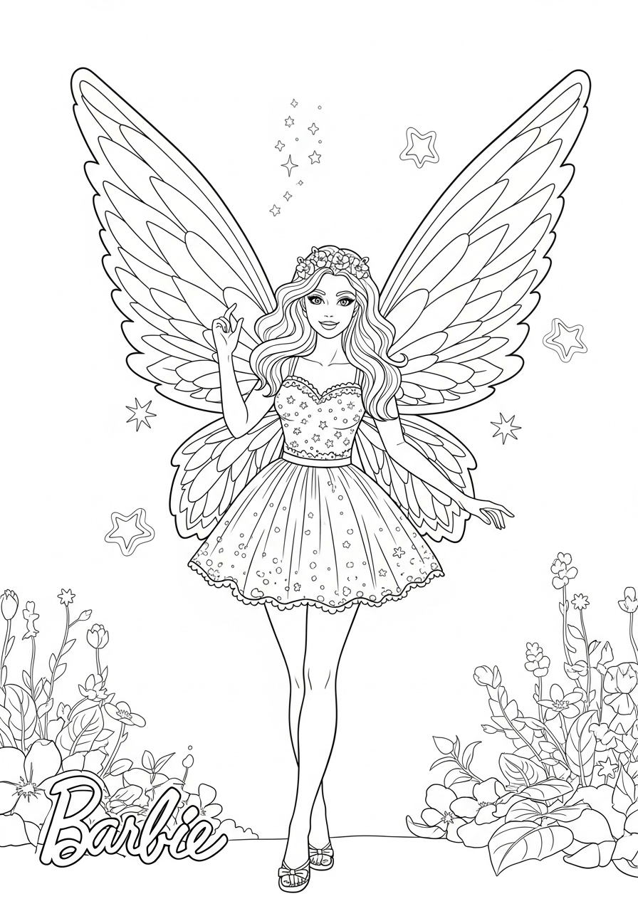 Desenho da Barbie de fada com asas e flores para colorir