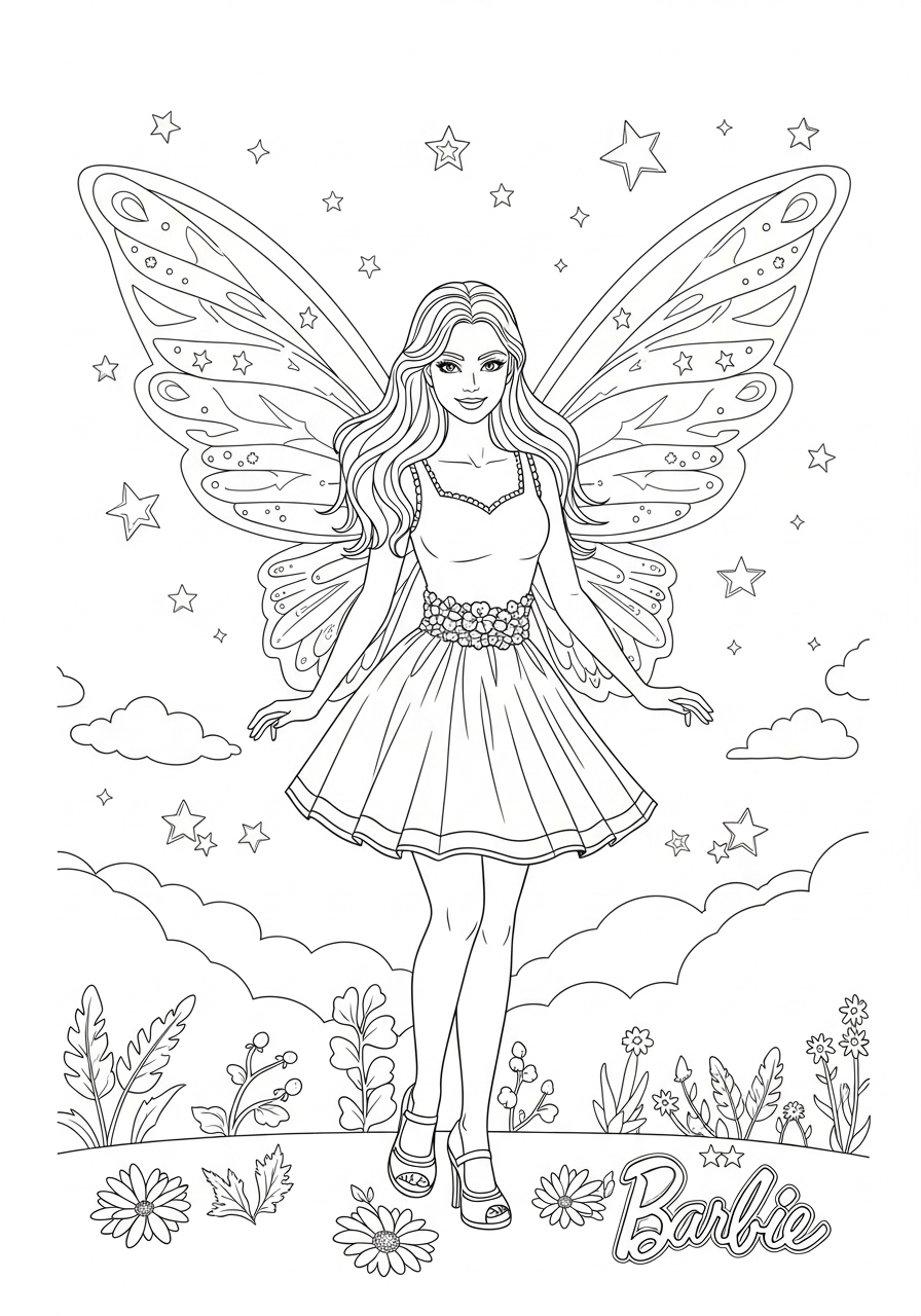 Desenho da Barbie fada com asas e flores para colorir