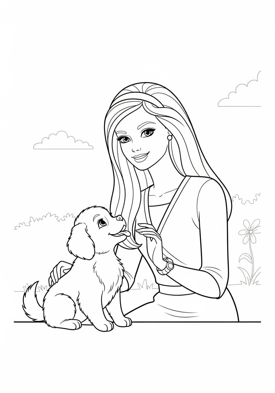 Desenho da Barbie com seu cachorro para colorir