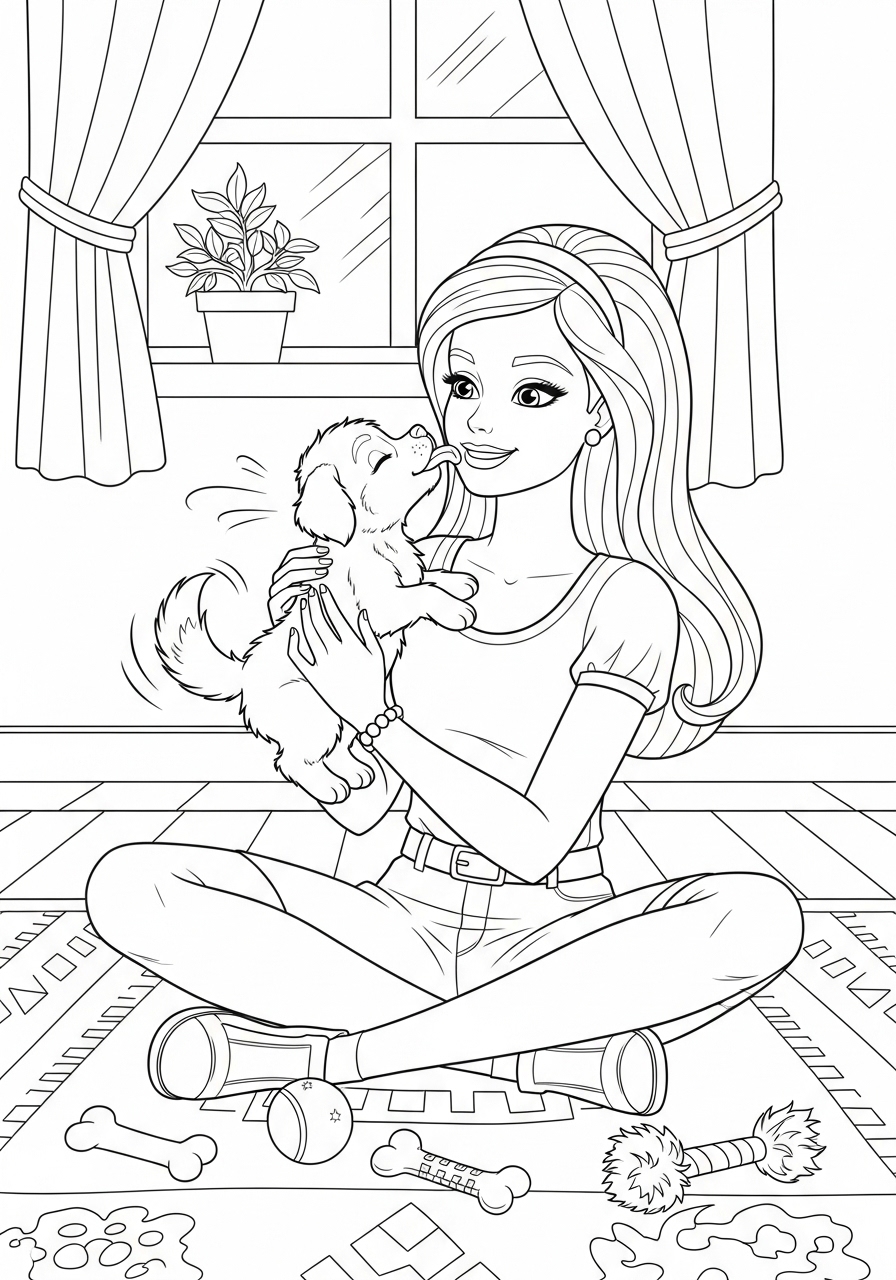 Desenho da Barbie com seu cachorro para colorir