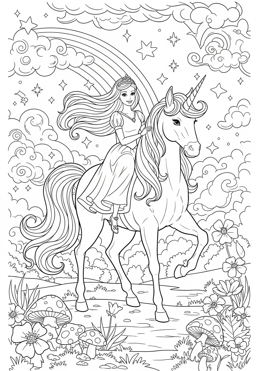 Desenho da Barbie montada em um cavalo para colorir