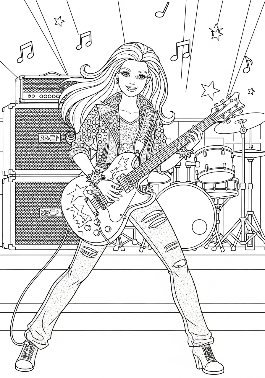 Desenho da Barbie tocando guitarra em um show