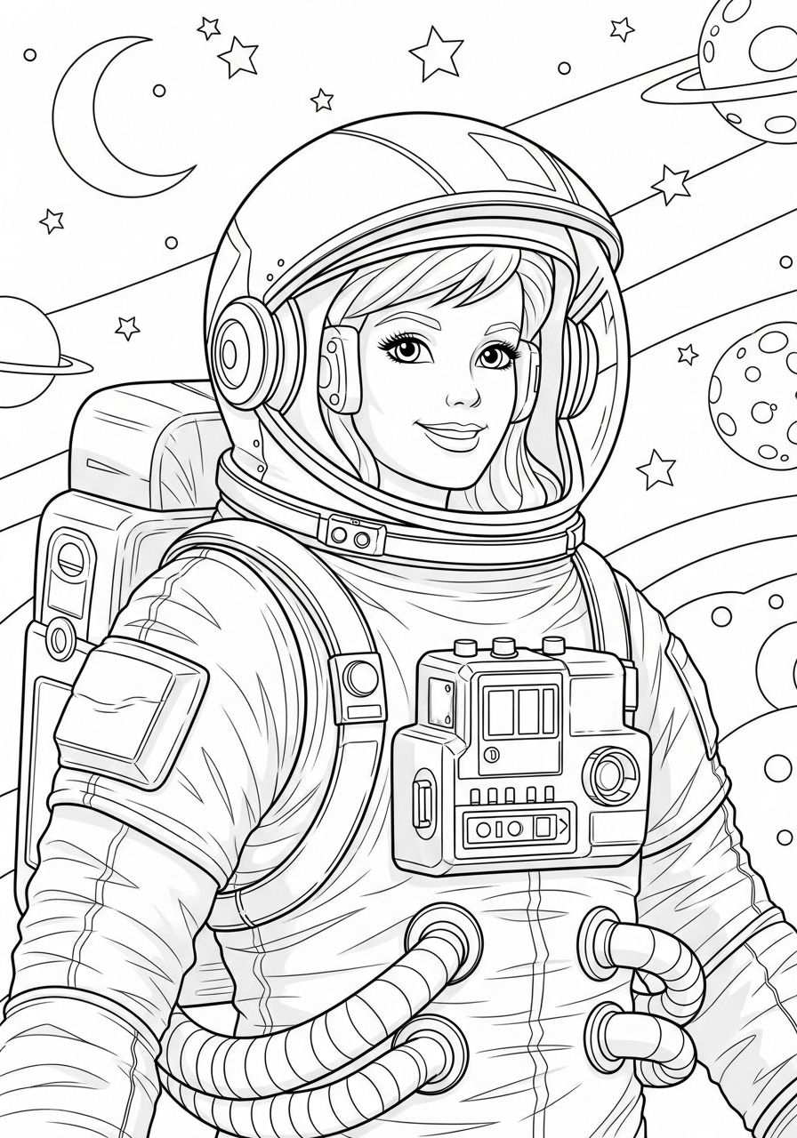 Desenho da Barbie astronauta em traje espacial para colorir