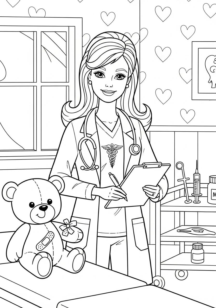 Desenho da Barbie vestida de médica com ursinho para colorir