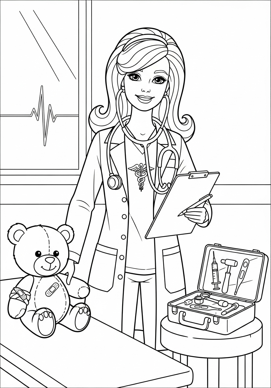 Desenho da Barbie médica com estetoscópio e urso para colorir