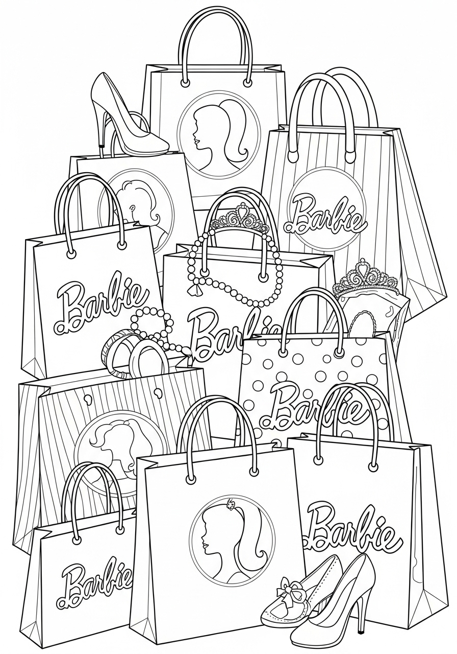 Desenho de sacolas da Barbie para colorir