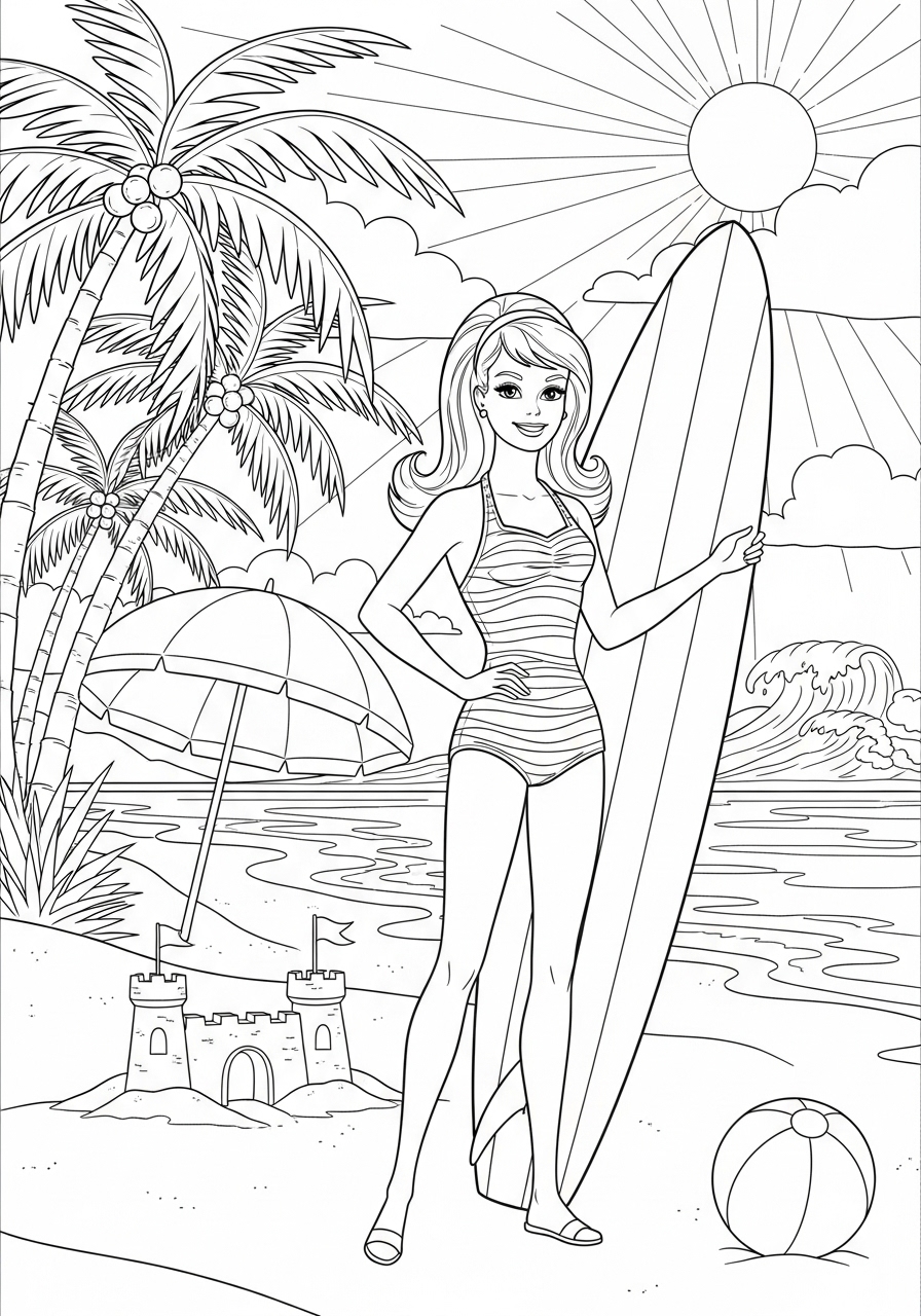 Desenho da Barbie na praia com prancha para colorir