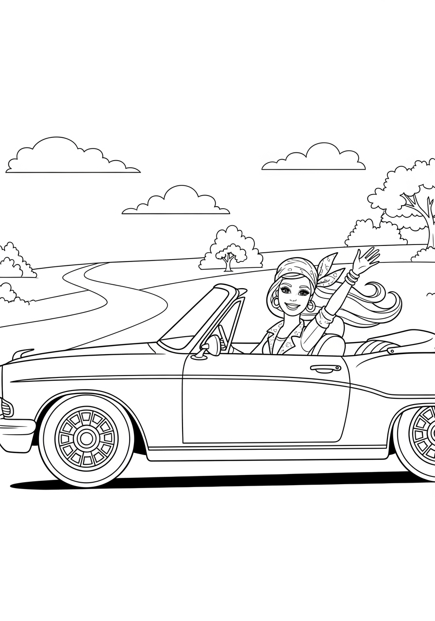 Desenho da Barbie em um carro conversível para colorir