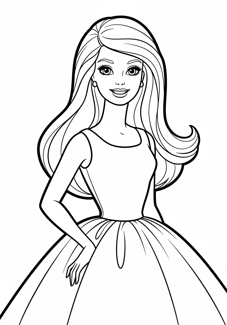 Desenho da Barbie em vestido longa para colorir