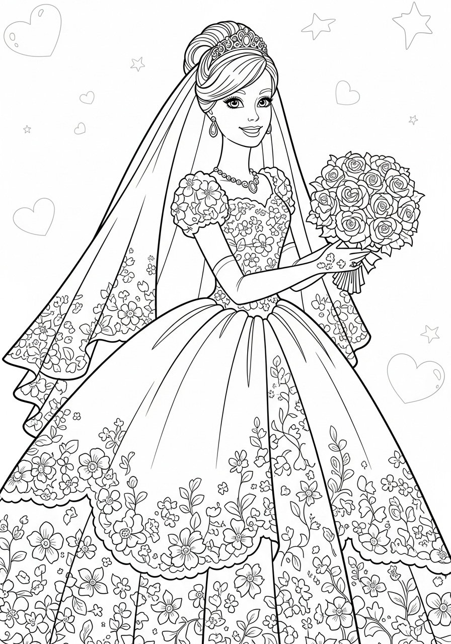 Desenho da Barbie de noiva segurando um buquê de flores