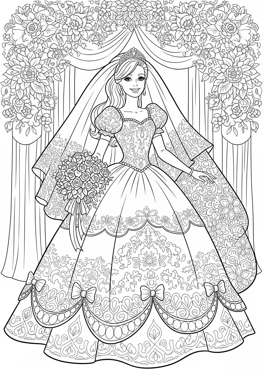 Desenho da Barbie de vestido de noiva para colorir