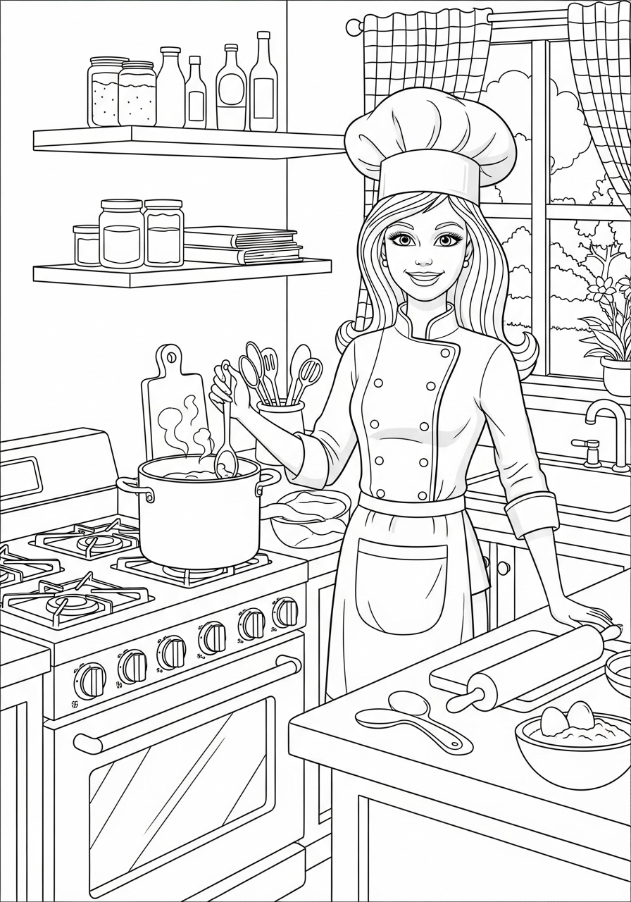 Desenho da Barbie na cozinha com panela para colorir