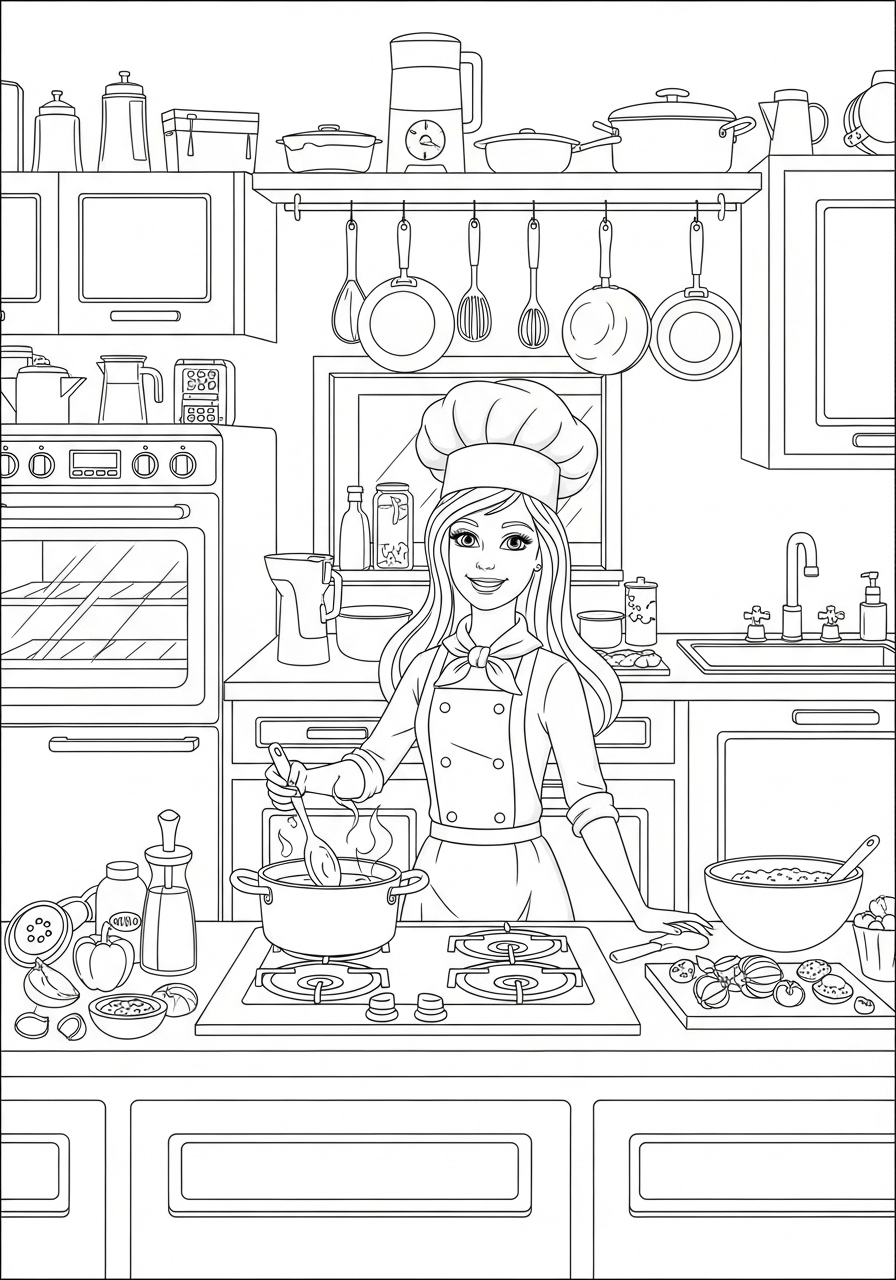 Desenho da Barbie cozinheira na cozinha para colorir