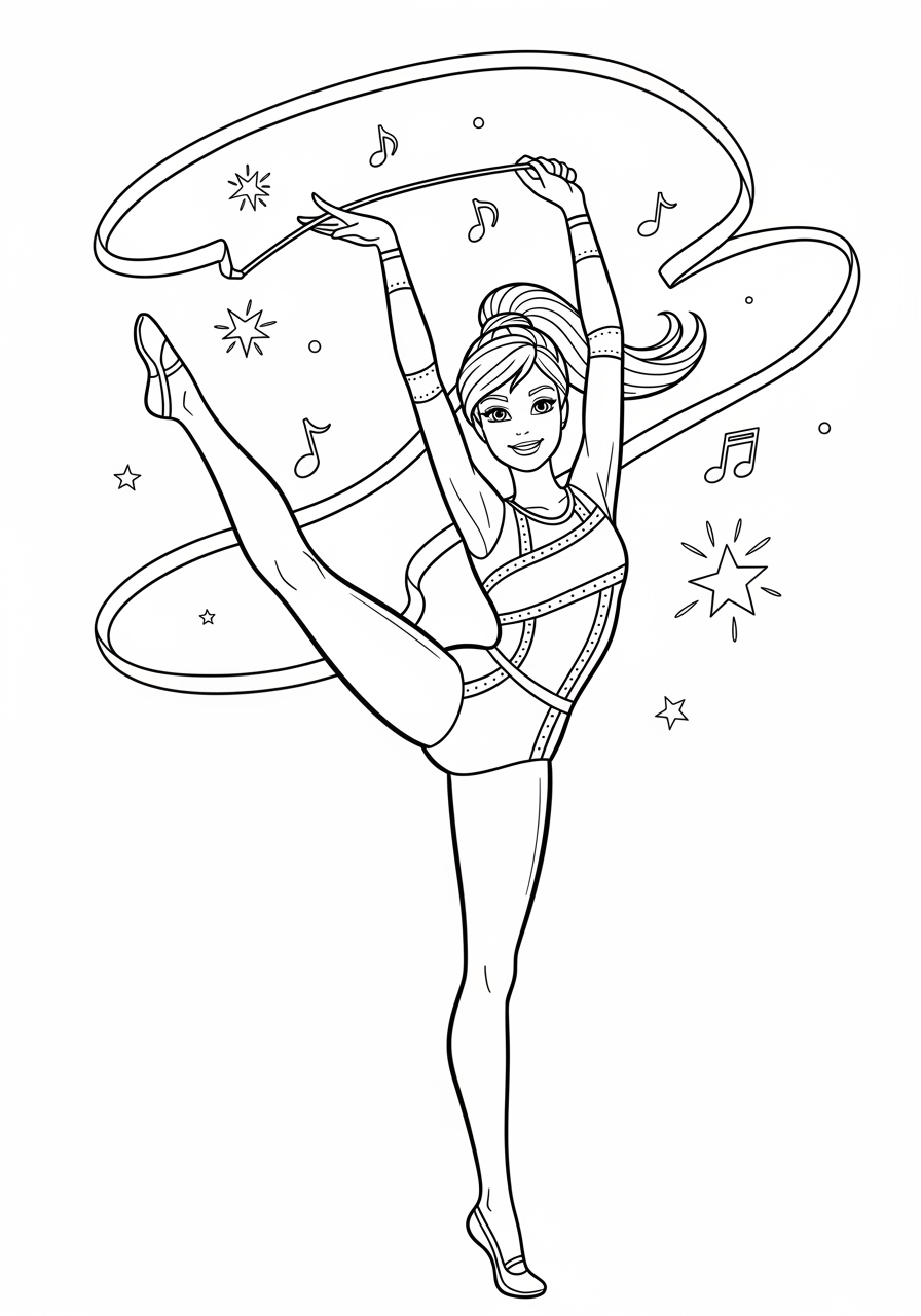 Desenho da Barbie dançando com fita colorida para colorir