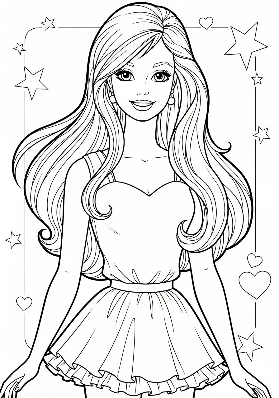 Desenho da Barbie com vestido e cabelos longos para colorir