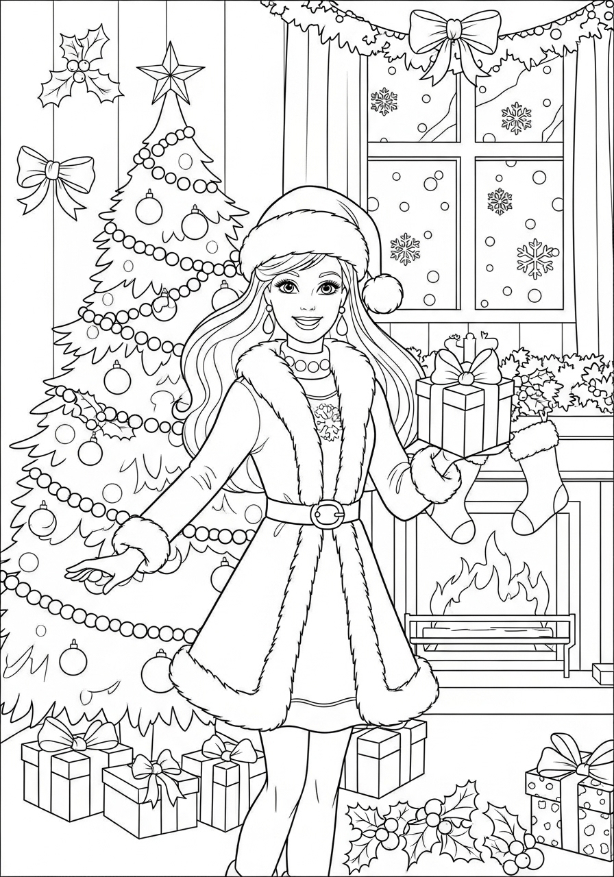 Desenho da Barbie com presente na árvore de Natal para colorir