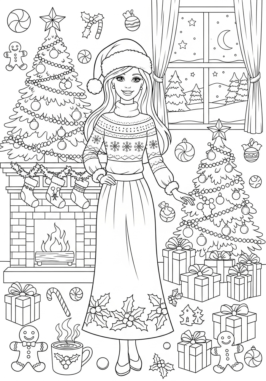 Desenho da Barbie com árvore de Natal e presentes para colorir