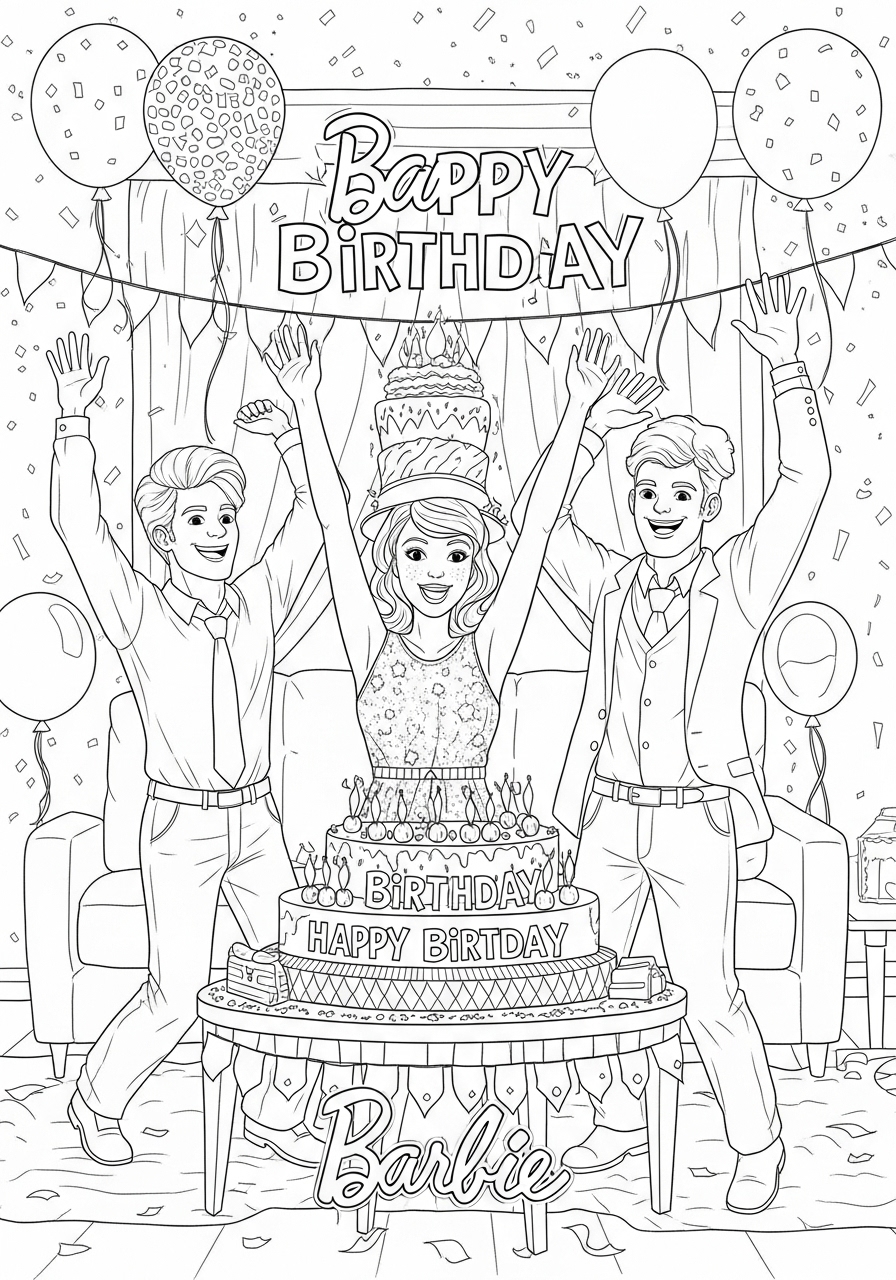 Desenho da Barbie comemorando seu aniversário para colorir