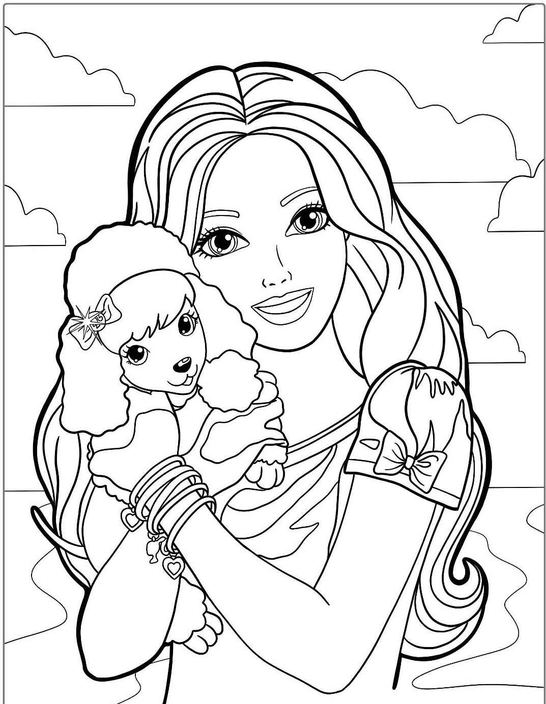 Desenho da Barbie segurando seu cachorro para colorir
