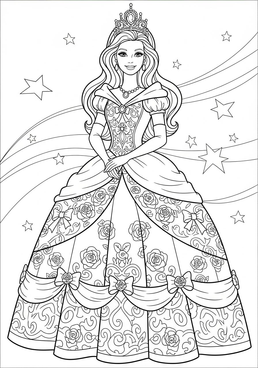 Desenho da Barbie princesa com vestido e coroa para colorir