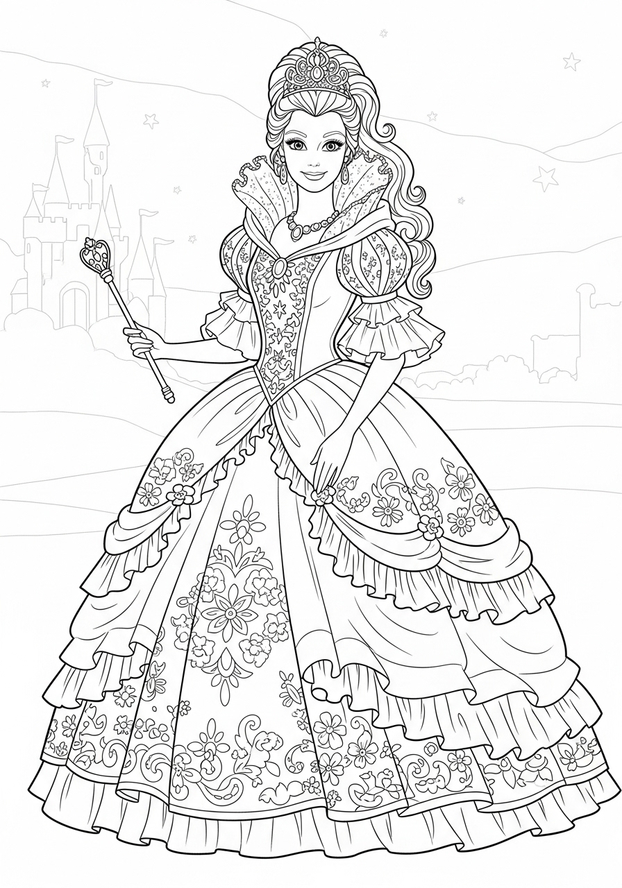 Desenho da Barbie com vestido de princesa para colorir