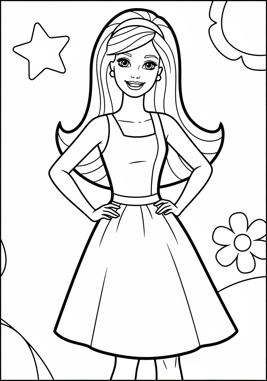 Desenho da Barbie com vestido e flores ao fundo para colorir