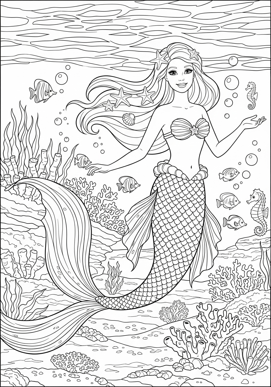 Desenho da Barbie sereia nadando entre peixes para colorir