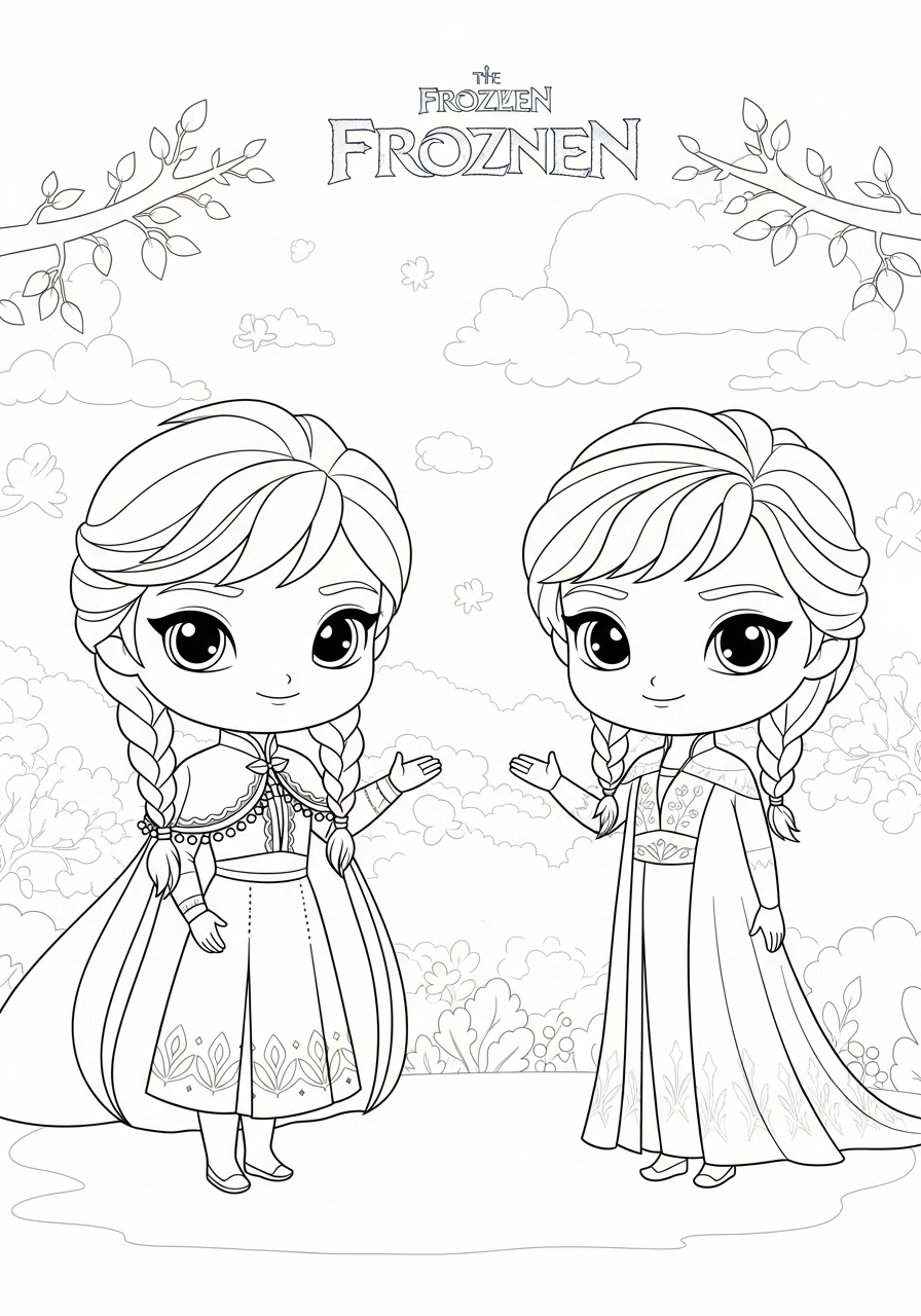 Desenho da Frozen com Anna e Elsa para imprimir e colorir