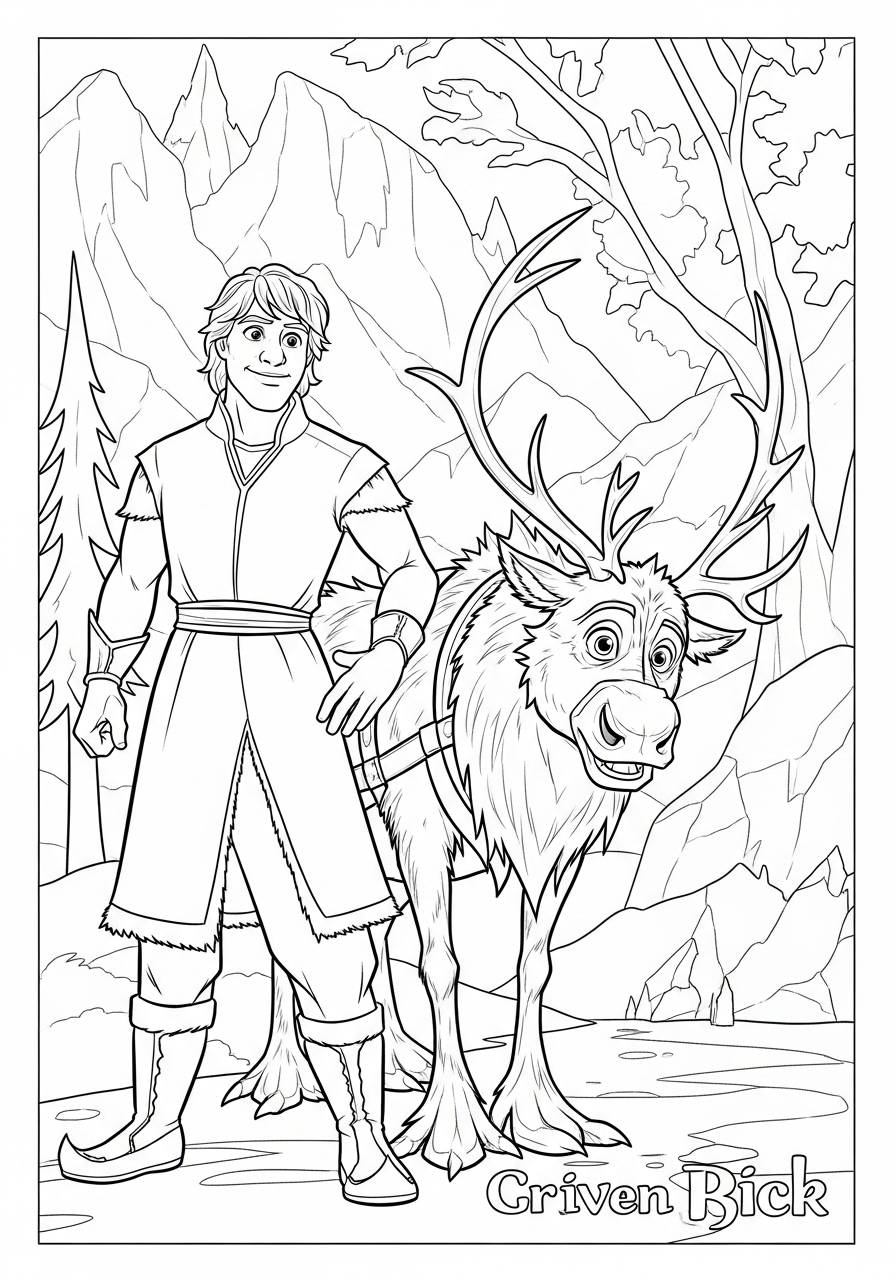 Desenho da Frozen com Kristoff e Sven para imprimir e colorir