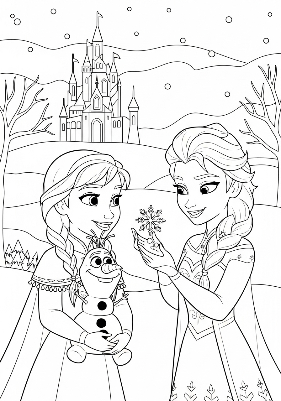 Elsa e Anna com Olaf para Colorir e Imprimir Elsa e Anna com Olaf para Colorir e Imprimir