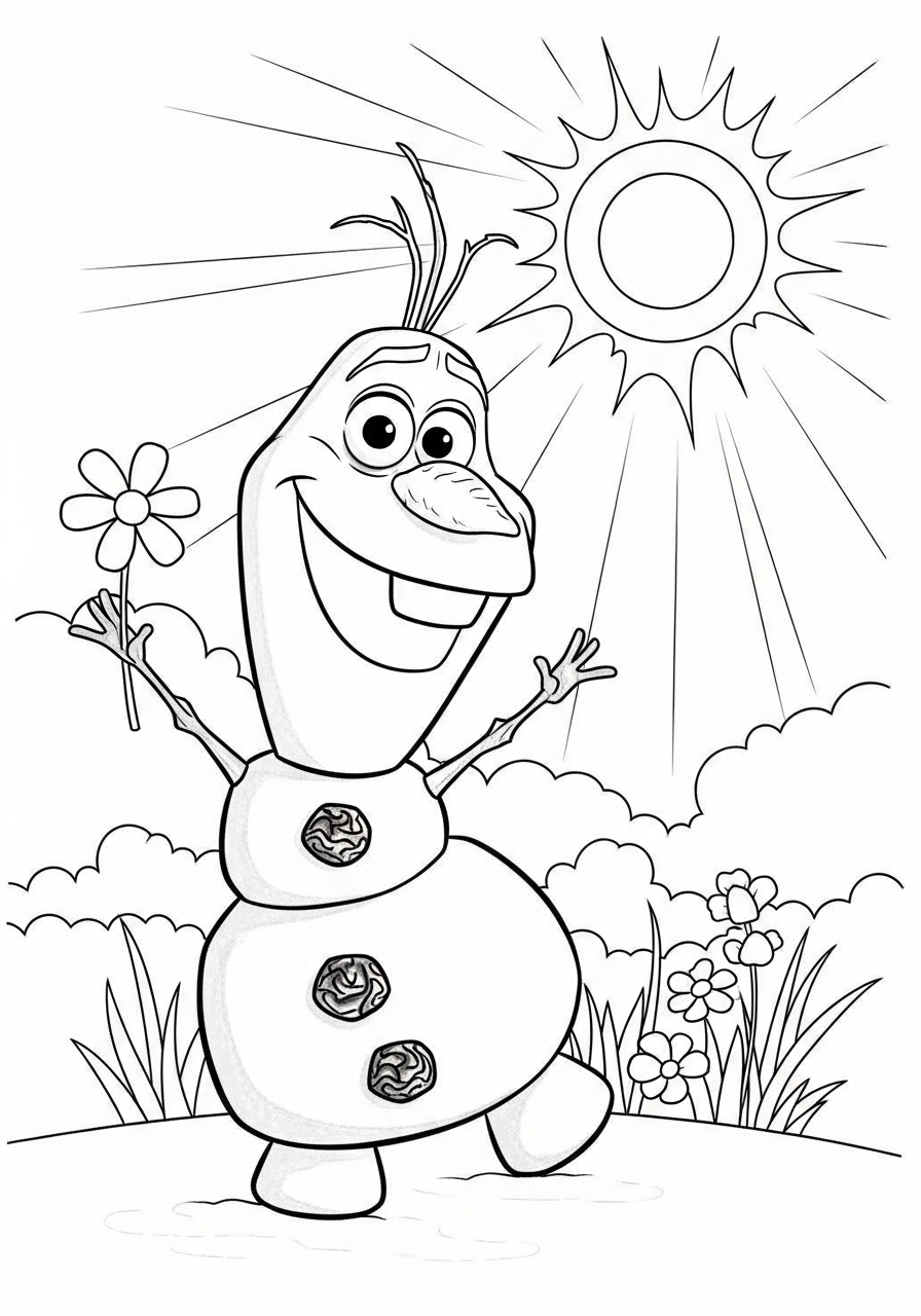 Desenho do Olaf segurando uma flor para imprimir e colorir