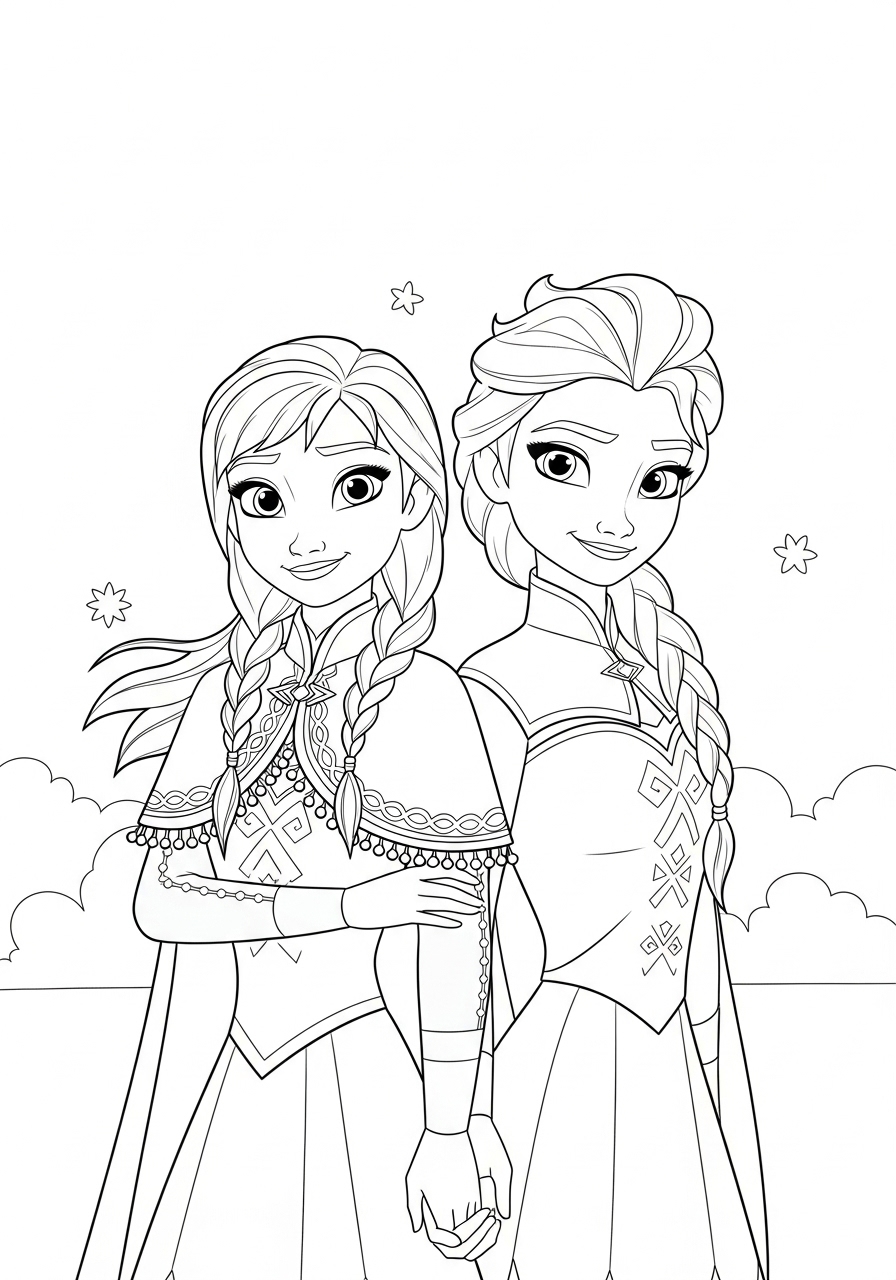 Desenho da Frozen Anna e Elsa unidas para imprimir e colorir