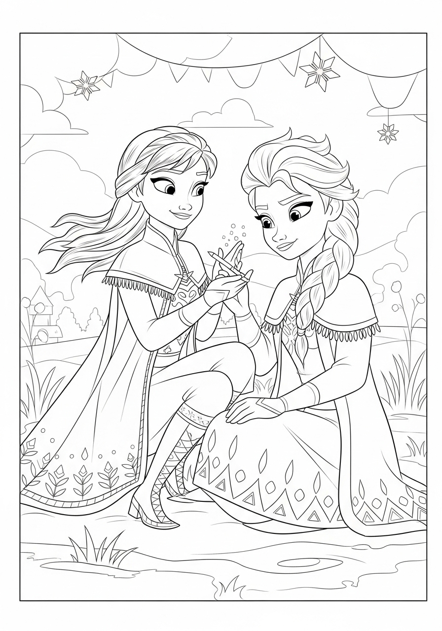 Desenho da Frozen Anna e Elsa para imprimir e colorir
