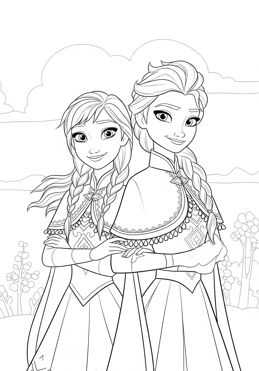 Desenho da Frozen com Anna e Elsa para imprimir e colorir