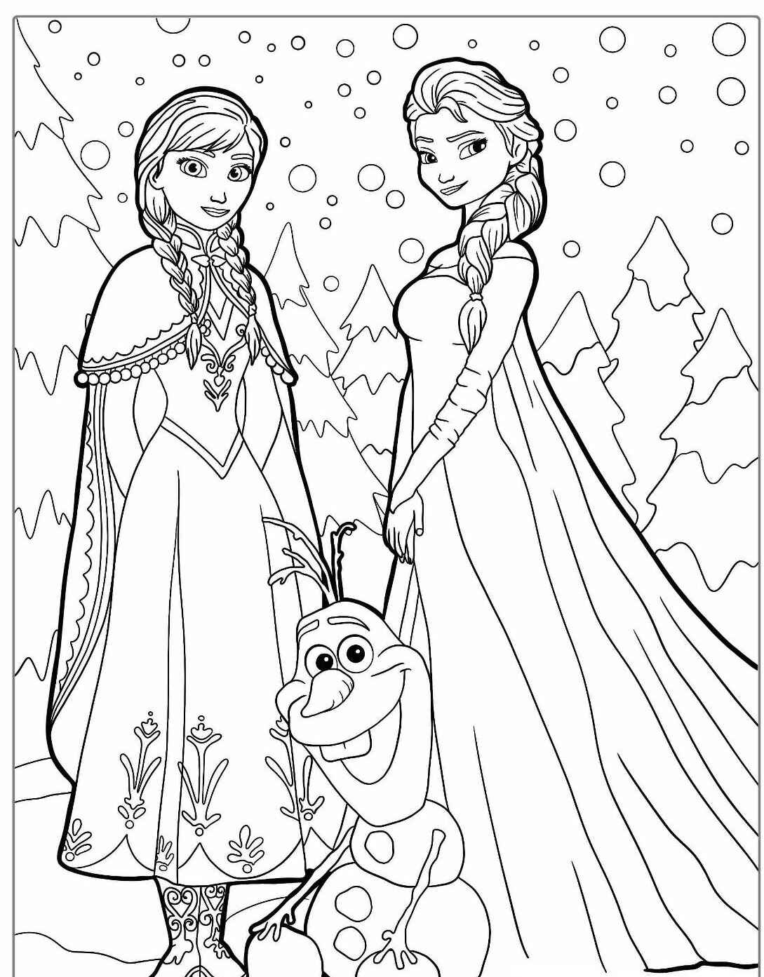 Desenho da Anna e Elsa com Olaf para imprimir e colorir