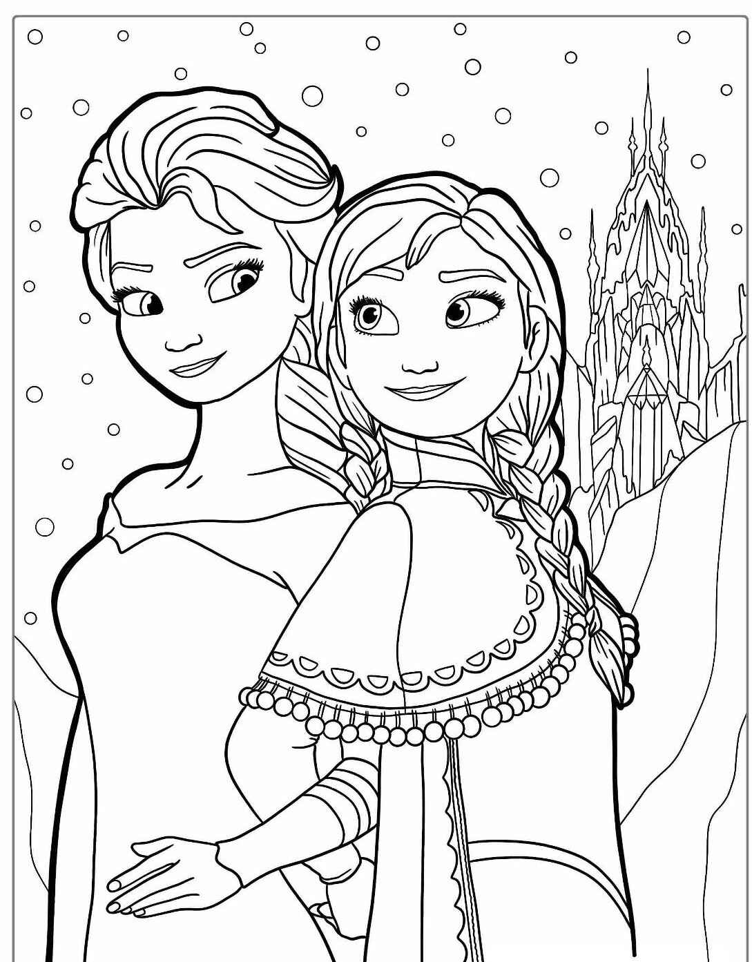Desenho da Frozen Elsa e Anna com castelo para imprimir e colorir