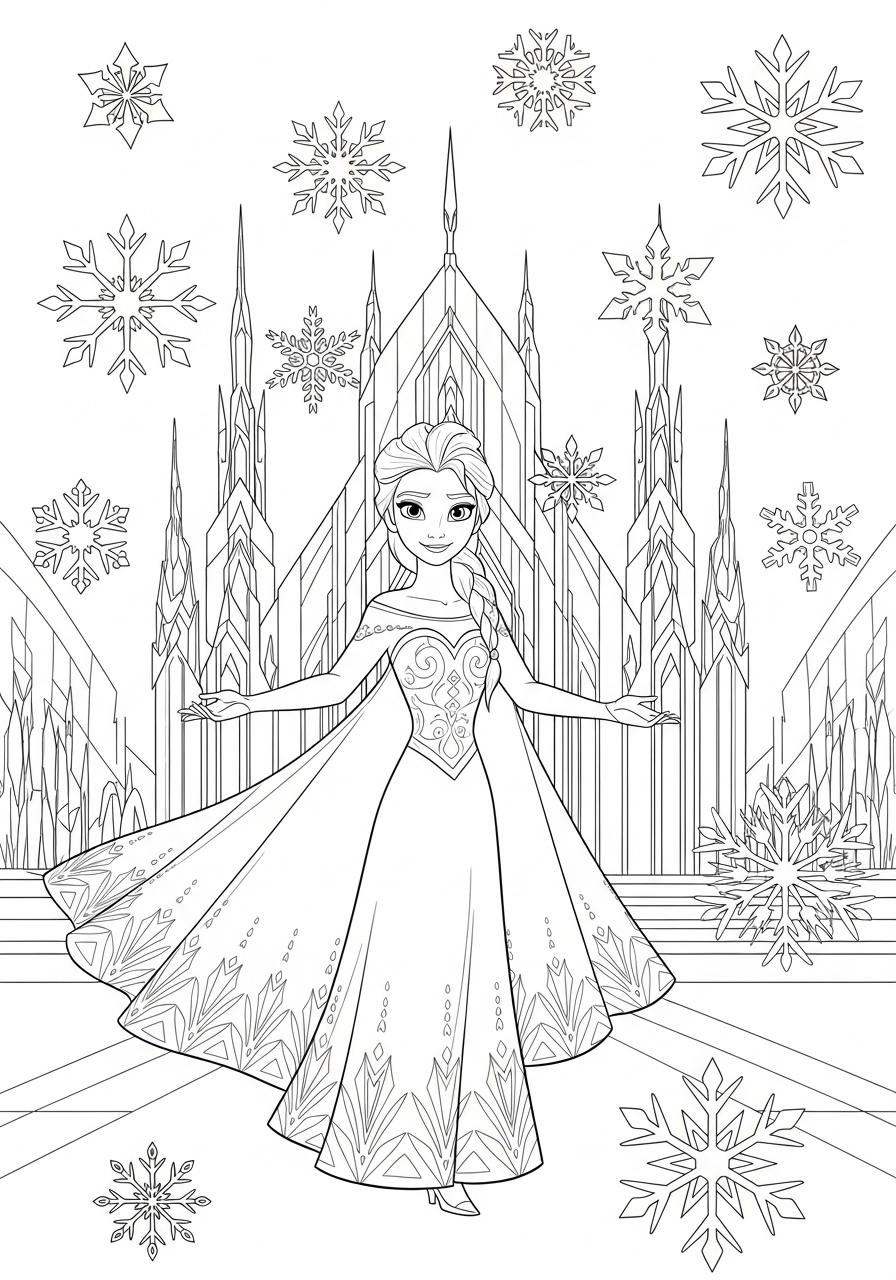 Elsa da Frozen em frente ao Castelo para Colorir e Imprimir