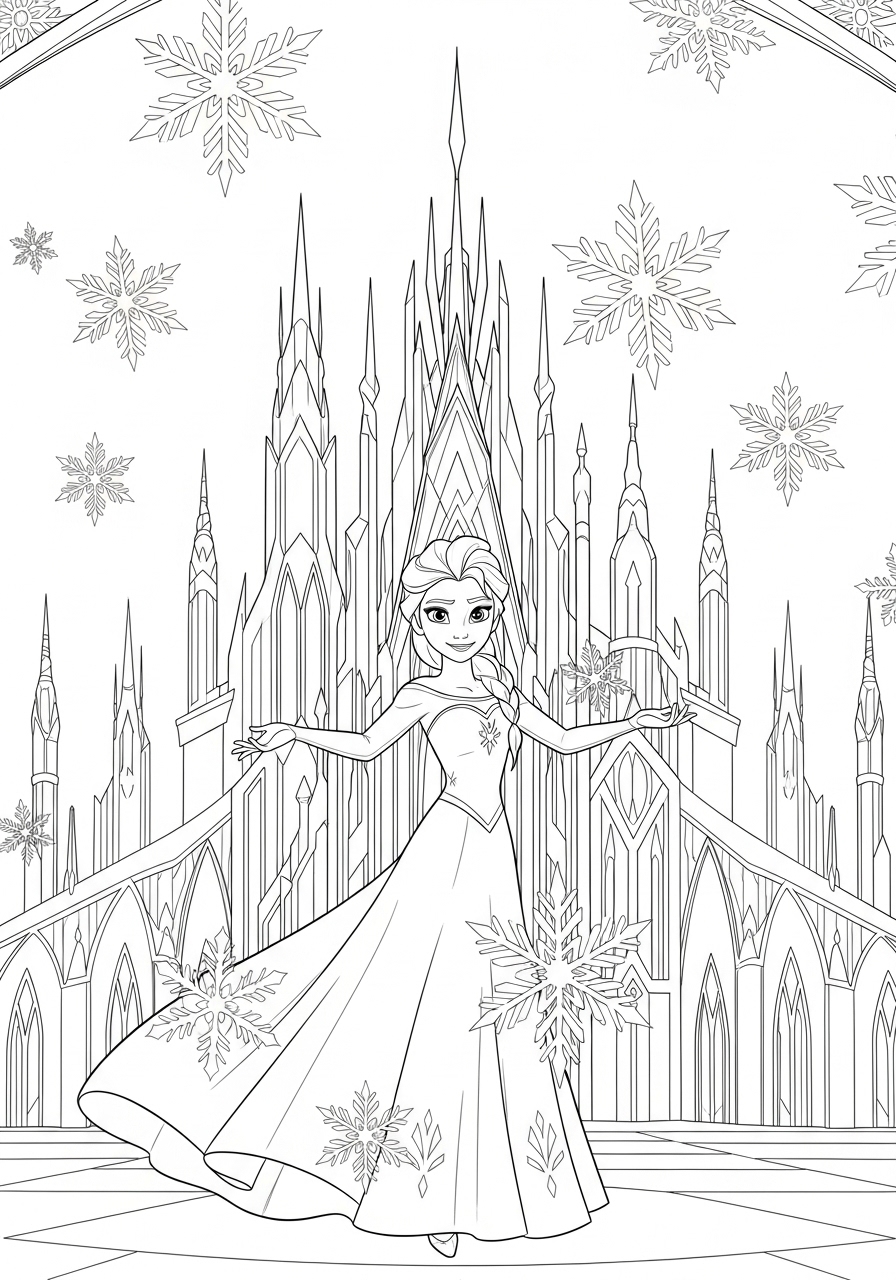 Desenho da Elsa com castelo e flocos de neve para colorir