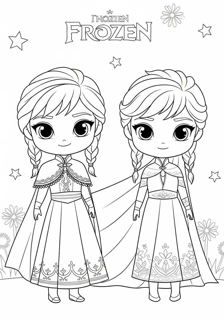Desenho da Frozen com Anna e Elsa para imprimir e colorir