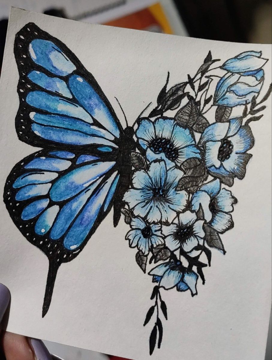Desenho de Borboleta: Borboleta Azul com Flores para desenhar