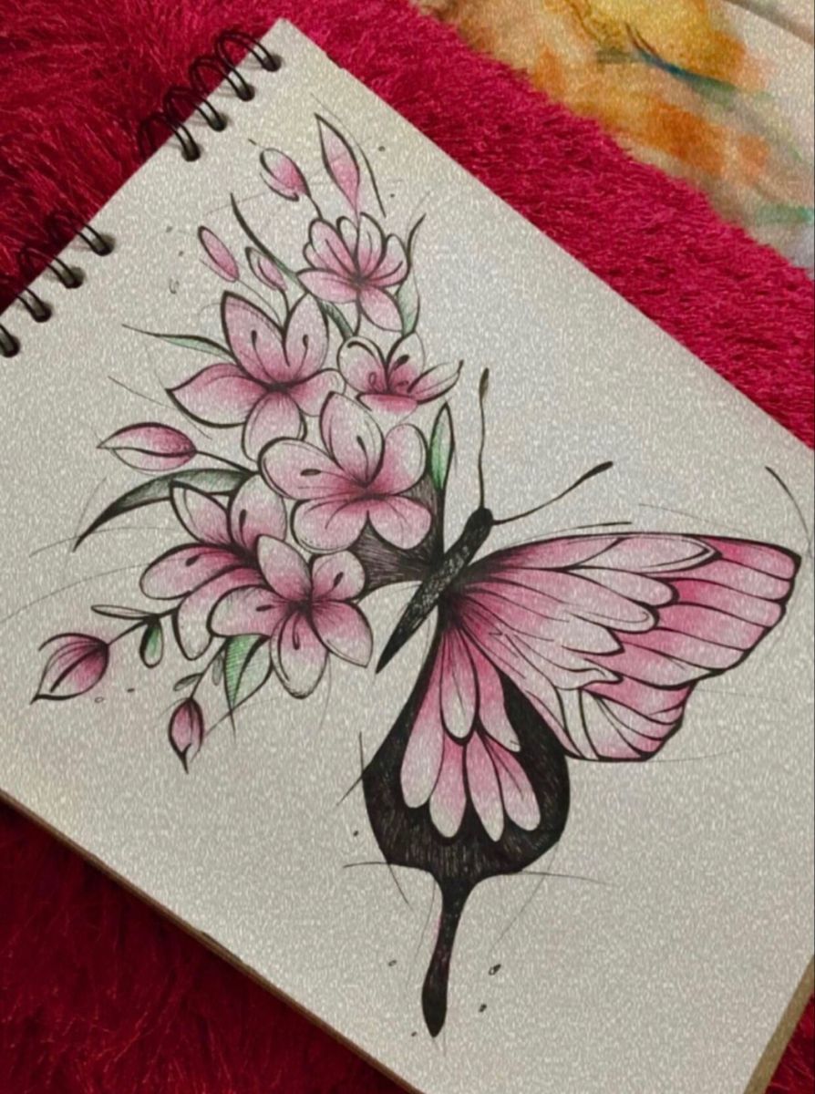 Desenho de Borboleta: Borboleta com Flores a Lápis para desenhar