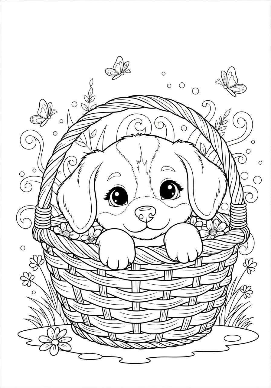 Desenho de Cachorrinho sorridente em cesta para imprimir