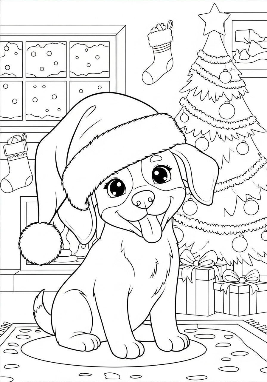 Desenho de Cachorrinho com chapéu de Natal para colorir