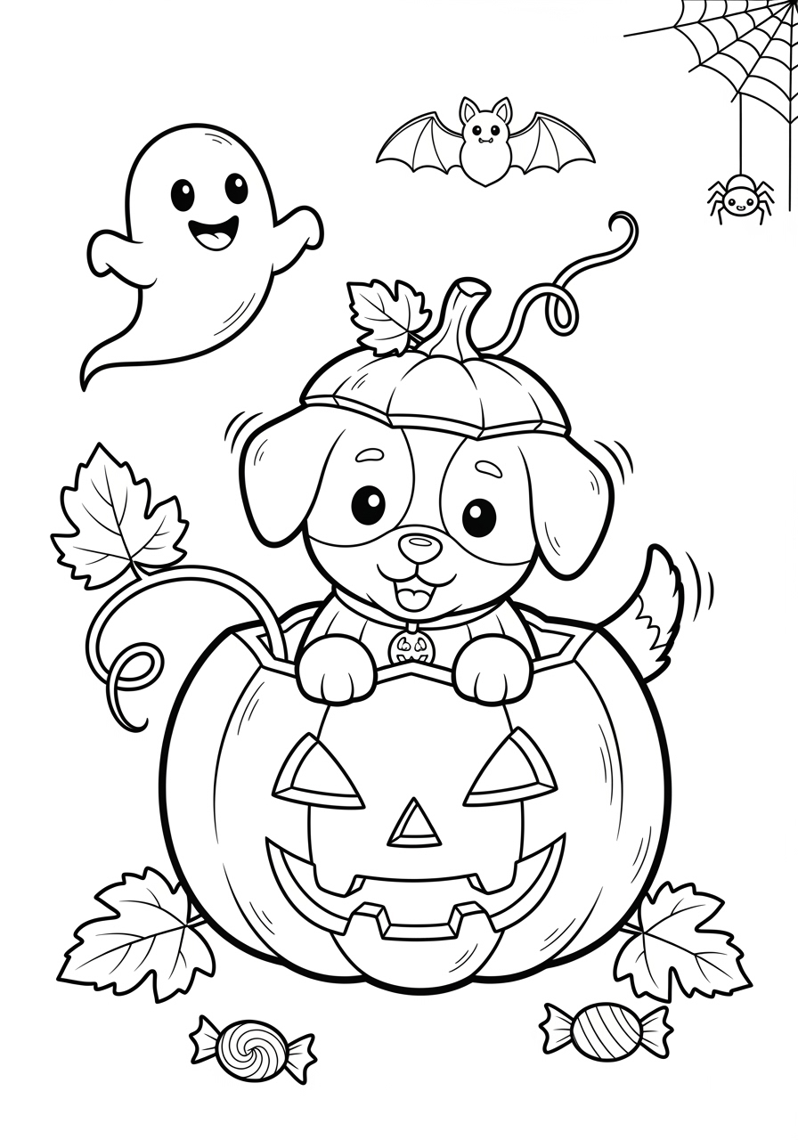 Desenho de Cachorrinho feliz dentro de abóbora para colorir